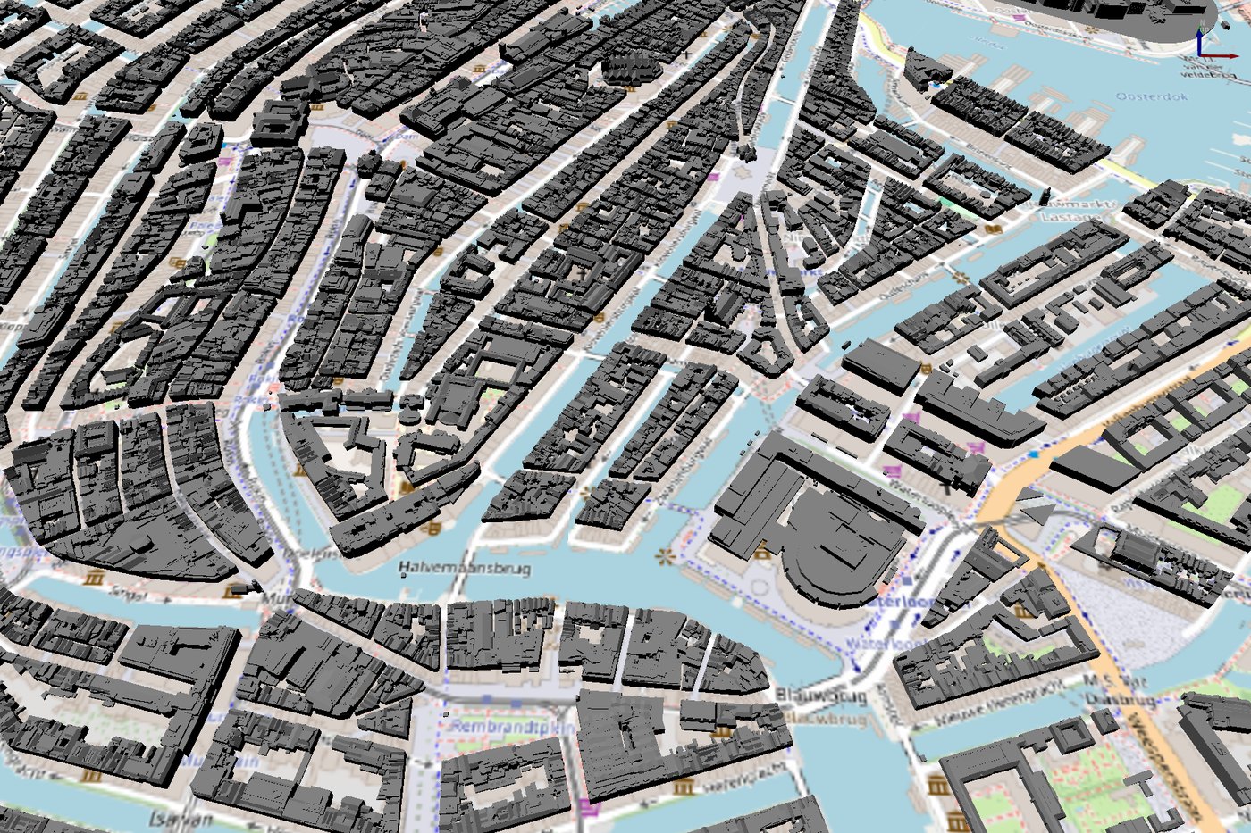 Cena 3D de uma cidade com prédios em volume, exibida no QGIS 4.2